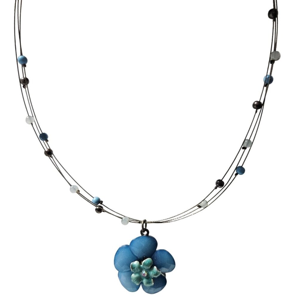 Vintage Blue Floral Pendant Black Glass Beaded Multi Strand Wire Necklace Women